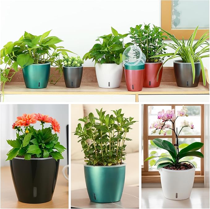 Self Watering Pots for Indoor Plants, 8-Pack 5'' Self Watering Planter with Drainage Holes, Small African Violet Pots with Water Level Indicator, Clear Wick Pot, White/Black