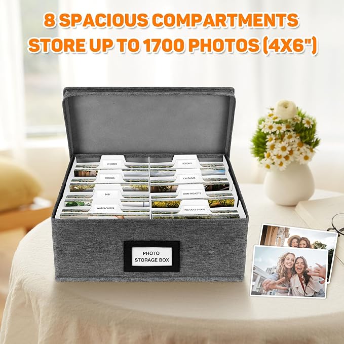 Photo Storage Box with Lid, Photo Organizer Box Fits Holds up to 1700 and 4x6 Pictures, with 8 Adjustable Dividers, 60 Labels, Photo Album Box for Envelopes, Scrapbooking, Recipes, Cards, Stamps