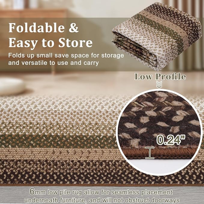 RUGSREAL 5x7 Bedroom Rug Braided Machine Washable Living Room Area Rugs | Modern Braid Printed Throw Carpet for Dining Room Non Slip Large Entry Farmhouse Rug for Home Decor, Moss/Brown