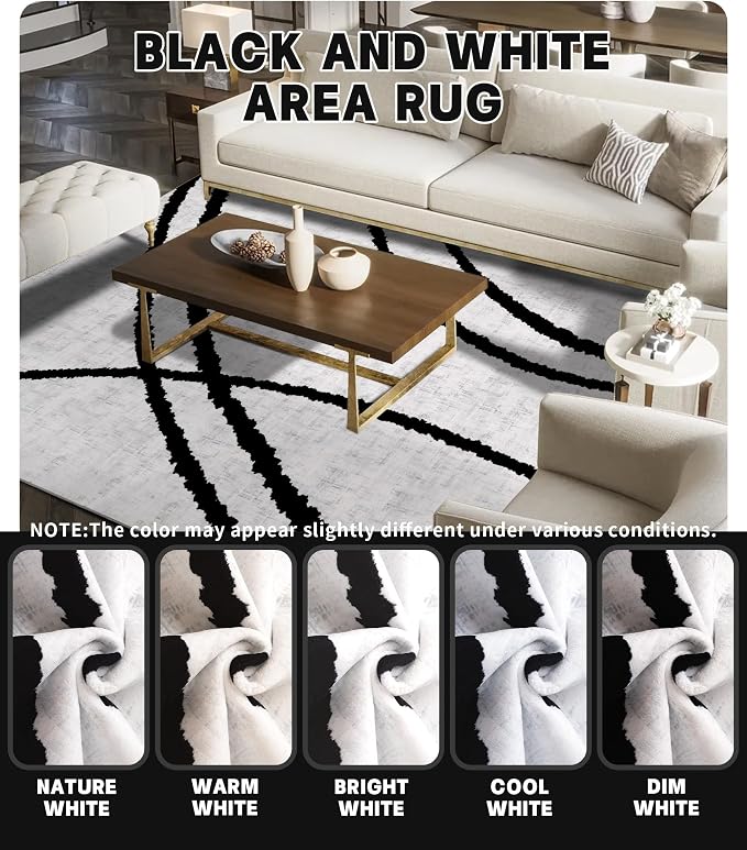 Modern Area Rugs for Bedroom,5x7 Washable Black and White Rug, Thin Abstract Geometric Minimalist Striped Rug, Black Rugs for Bedroom,Kitchen,Dining Room Office