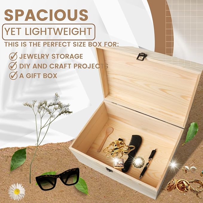 13.8x9.9x6.7-Inch/ 3.33-Gal. X-Large Unfinished Wooden Box for DIY Crafts & Storage with Hinges & Retro Front Clasps - Natural Pine - Smooth Paintable Surface