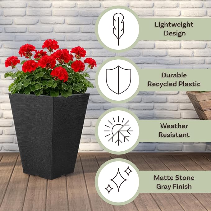 Large Outdoor Planters 2-Pack - 13.75-Inch Tall Planters for Outdoor Plants or Indoor Pots for Plants - Plastic Flower Pots for Patio, Entryway, or Front Porch Decor by Pure Garden (Gray)