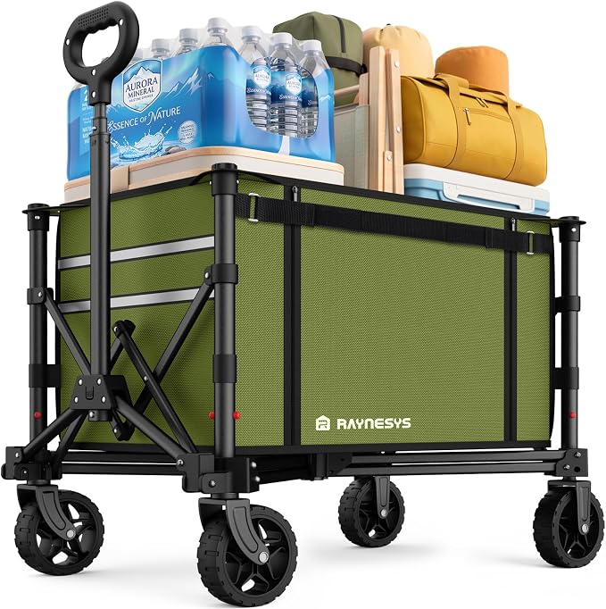 Raynesys Collapsible Wagon Cart with Wheels 220lbs Foldable Wagon 120L Shopping Cart for Groceries Folding Utility Wagon for Beach, Garden, Camping, Sport, Wheelbarrows, Green