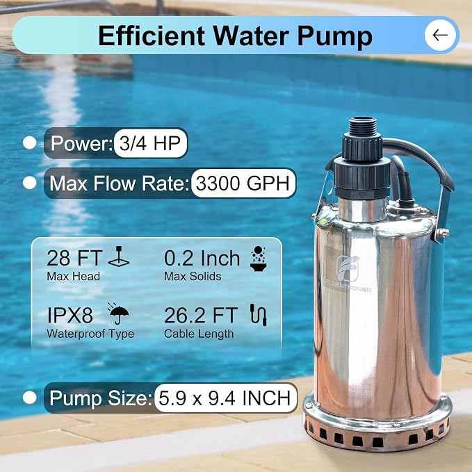 FLUENTPOWER 3/4HP Submersible Sump Pump, 3300GPH Stainless Steel Utility Water Pump, Manual Control with 26-Foot Cord for Pool Tub Garden Pond Basement Flood Cellar Draining