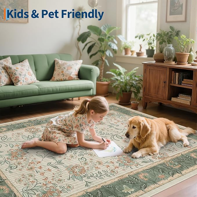 GarveeHome 8x10 Sage Green Washable Area Rug Living Room Bedroom Non Slip | Botanical Floral Print Rug Soft Floor Mat Carpet Indoor Thin Cottage core Rug for Dining Room Playroom Nursery Room
