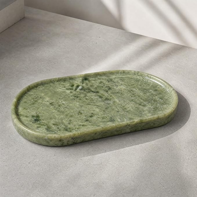 Genuine 100% Natural Marble Tray, Luxury Green Stone Vanity Tray | 11.8" x 5.9" Decorative Oval Trays for Countertop Storage, Bathroom, Dresser, Kitchen, Home Decor, Jewelry Makeup Organizer