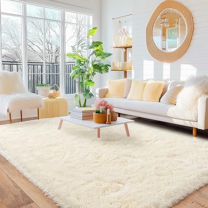 Cream Rugs for Living Room, Ultra Fluffy Fuzzy Shag 6x9 Area Rug for Bedroom, Modern Plush Soft High Pile Upgrade Non-Slip Carpet for Kids Girls and Boys, Dorms, Nursery, Home Decor Aesthetic