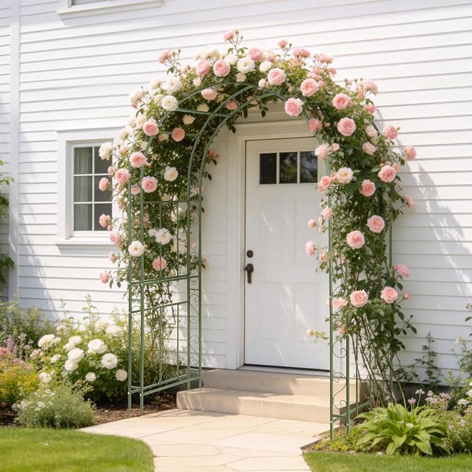 Outvita Garden Arch Arbor, Heavy Duty Metal Arbour Archway, Decorative Frame Stand Trellis for Wedding Ceremony Party Plant Climbing Rose Vines Lawn Courtyard Patio Olive Green