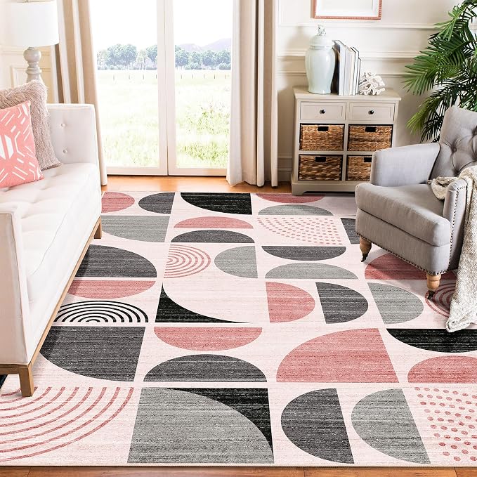 Pink Rug Washable,6x9 Area Rugs Non Slip Modern Abstract Large | Throw Carpet for Living Room Bedroom Dining Room Boho Soft Low Pile Floor Indoor Bohemian Pink and Grey