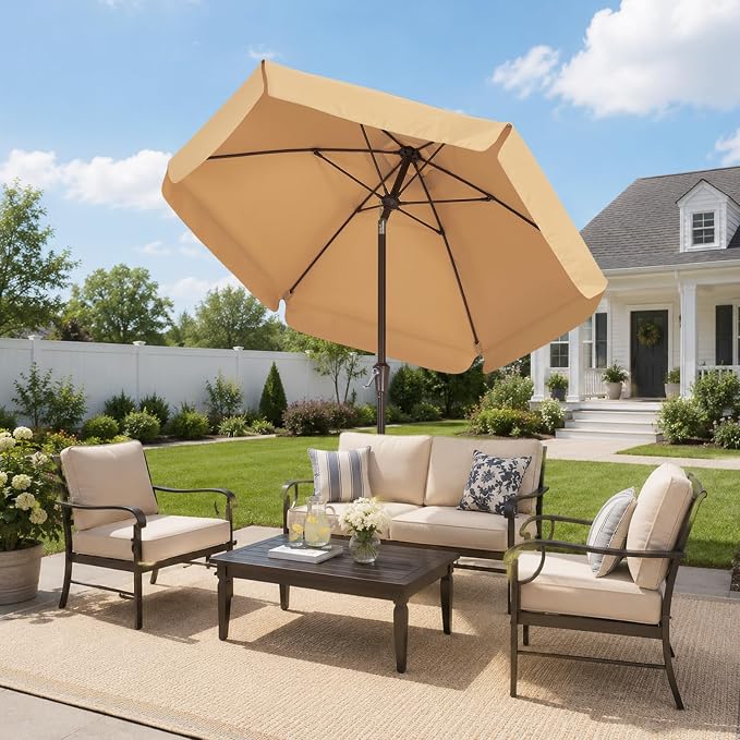 ABCCANOPY 7.5ft Scalloped Patio Umbrella, Outdoor Table Umbrella with Tilt and Crank, Fiberglass Ribs Deck Umbrella for Patio, Pool, Garden, Picnic (Tan)