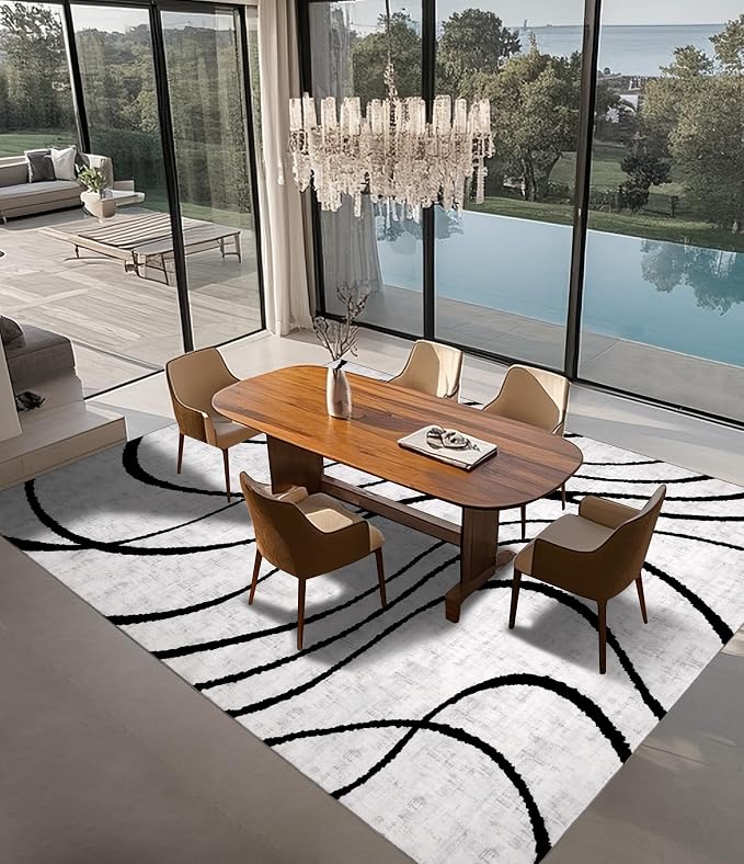 Modern Area Rugs for Living Room, 9x12 Washable Black and White Rug, Thin Abstract Geometric Striped Rug, Area Rug for Bedroom,Kitchen,Dining Room,Office