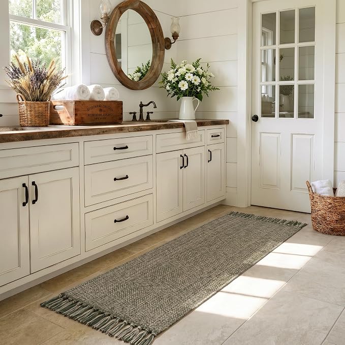 Boho Kitchen Runner Rug 2' x 6', Modern Farmhouse Bathroom Mat | Washable Moss Green Hallway Runner Rugs Hand-Woven Reversible Bedroom Carpet for Laundry Entryway Home Decor