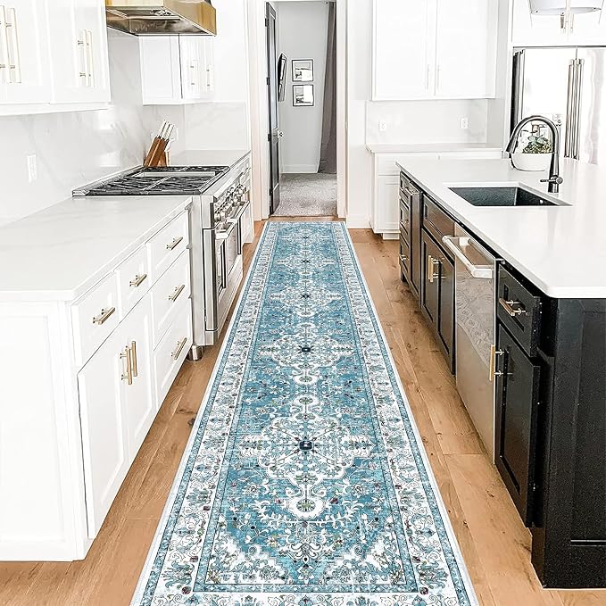 U'Artlines 2' x 12' Boho Hallway Runner Rug, Washable Carpet, Teal | Non Slip, Vintage Farmhouse Accent Area Rug Carpet, for Kitchen Entryway Laundry and Living Room