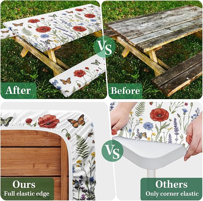 Picnic Table Cover with Bench Covers Elastic Edges, Wildflower Camper Fitted Table Cover, Outdoor Camping Essentials 72 Inch 3PCS, Waterproof Camping Fitted Tablecloth with Drawstring Bag