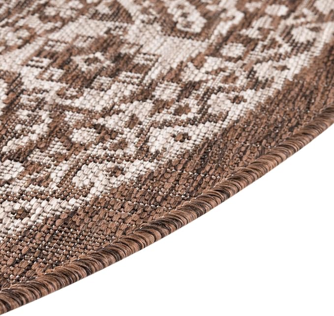 Unique Loom Outdoor Aztec Collection Area Rug - Chalca (5' 3" Round, Brown/ Ivory)