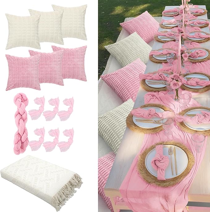 Beeveer 14 Pack Picnic Kit 91x71 Inch Extra Large Outdoor Boho Picnic Blanket with Pink Table Runner, 6 Throw Pillow Covers 6 Napkin Woven Cotton Yarn Washable Beach Blanket for Camp Wedding Decor