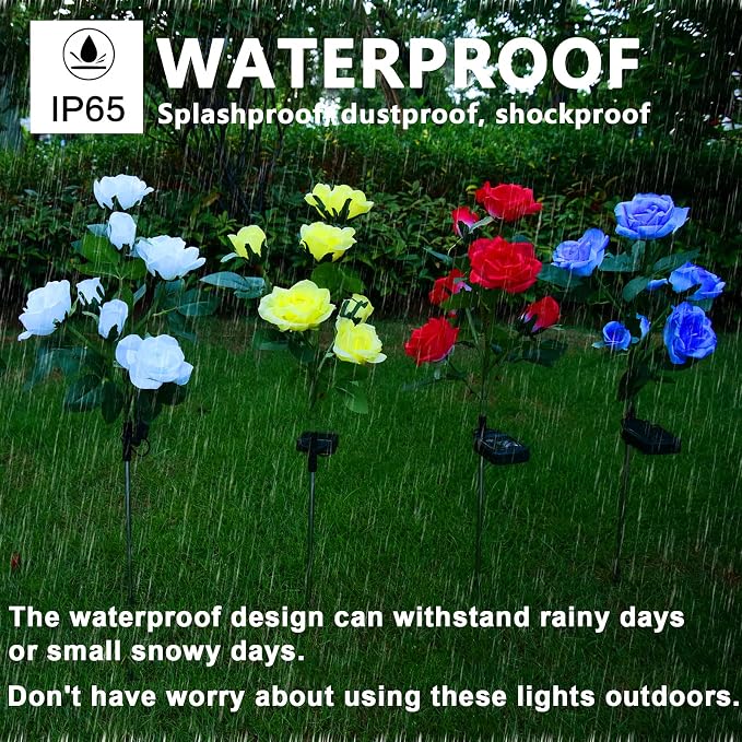 NQN Upgraded 4 Pack White Outdoor Solar Powered 7 Rose Flowers Garden Stake Light, LED Solar Powered Light Decorative Flower Lamp, Waterproof Solar Decorative Light for Garden Yard Patio Pathway Light