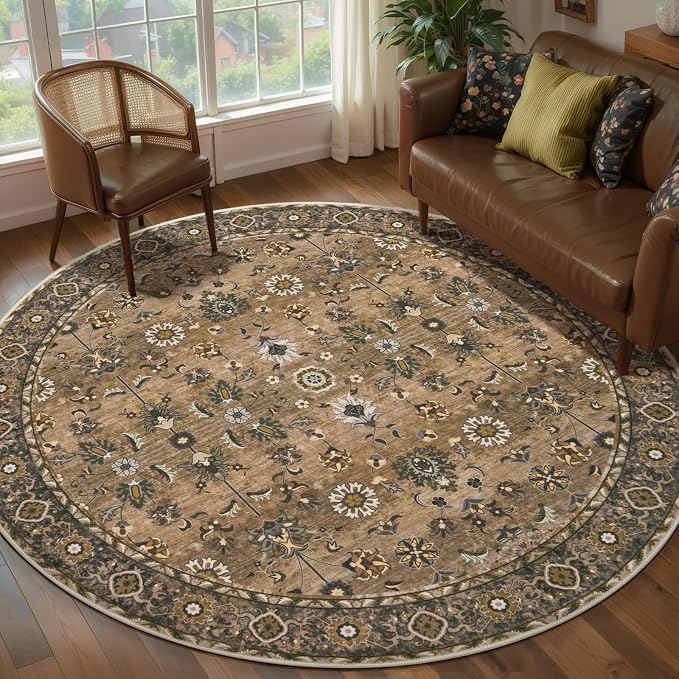 Tangsoo Washable Round Area Rugs 5ft, Vintage Non Slip Circle Rug Brown | Farmhouse Soft Low Pile Circular Rugs, Oriental Boho Round Carpet for Living Room Bedroom Dining Room Nursery Home Decor
