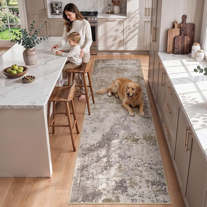 Nakagishi 3x8 Abstract Washable Area Rugs for Entryway-Brown Grey | Modern Non-Slip Silicone Backing Low Pile Soft Carpet for Bedroom Dining Decor for Families with Kids and Pets