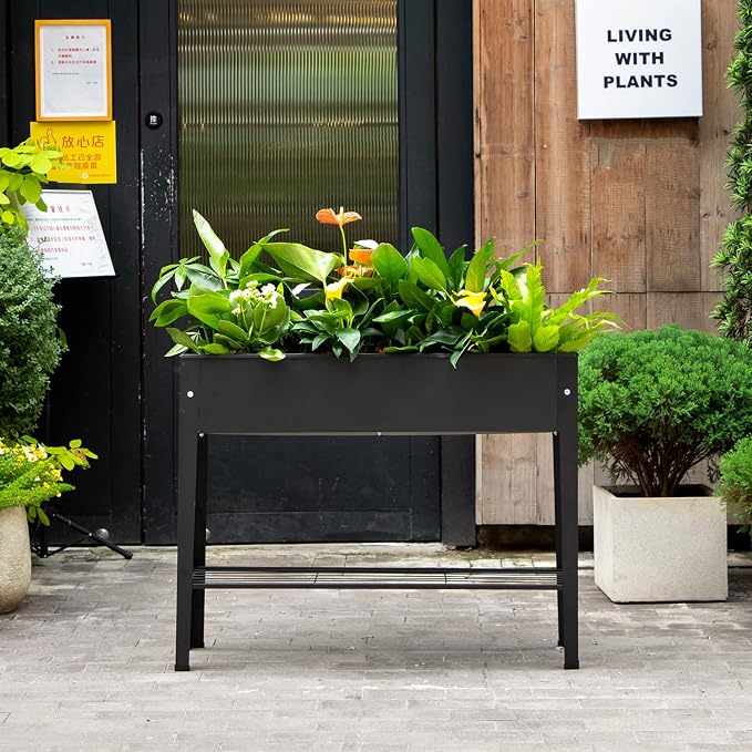 Piksedo Raised Garden Bed, Elevated Planter Metal Plant Box with Legs Standing Garden Stand Drainage Holes Frosted Black