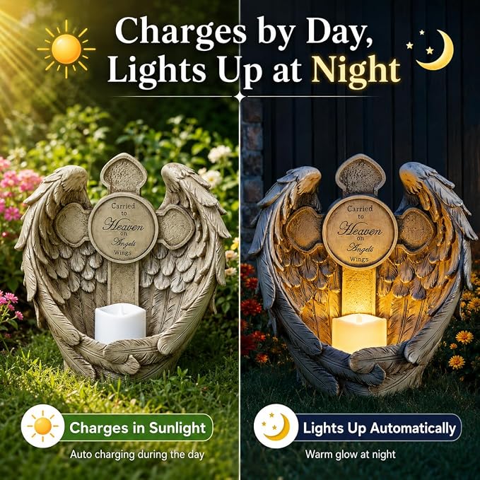 Solar Angel Wings Memorial Statue with LED Candle & Cross, Weather-Resistant Resin Grave Decorations for Cemetery, Sympathy Bereavement Gifts for Loss of Loved One