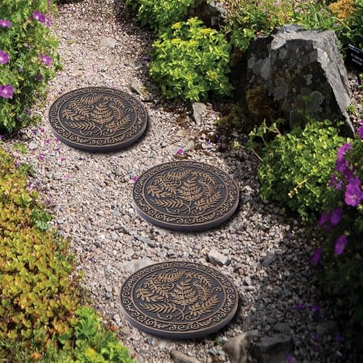 HF by LT Deluxe Rubber Stepping Stone, Fern Medallion Design, Heavy Duty 13"" All-Weather Garden Tile, Black with Antique Bronze Finish, Set of 3, TR0787