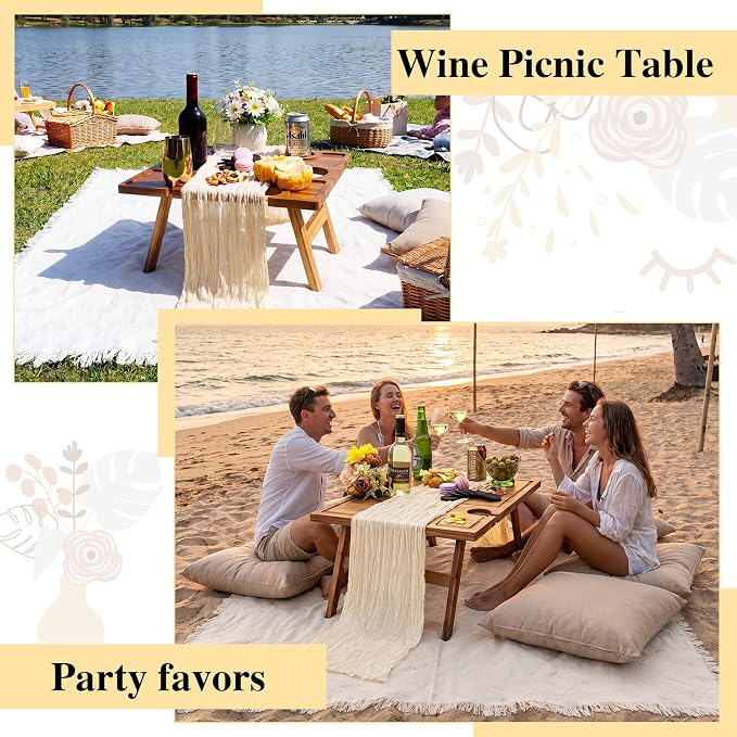 Novabright 3 Pcs Picnic Kit Folding Portable Wine Picnic Table Extra Large Outdoor Boho Blanket 91'' x 71'' Table Runner Woven Cotton Oversize Washable for Romantic Camping Wedding(Beige)