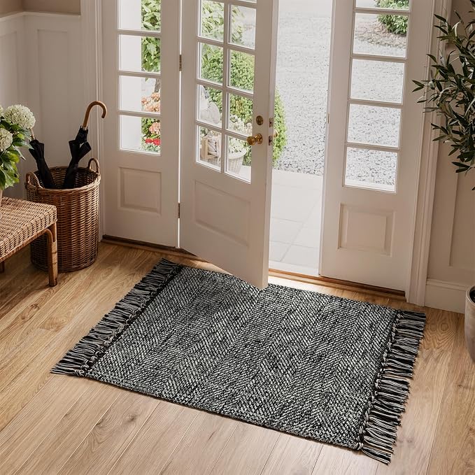 2' x 4.3' Kitchen Runner Rugs, Modern Boho Washable Bathroom Mat | Hand-Woven Farmhouse Entryway Rug, Braided Soft Bedroom Mat, Black Reversible Front Door Mats for Laundry Bedside Porch