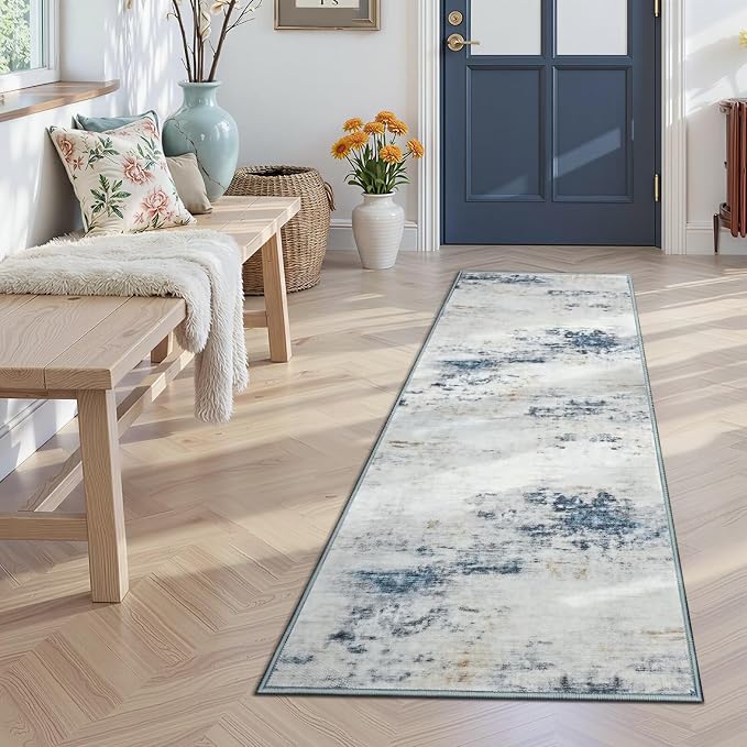 Toneed Washable 2x6 Non-Slip Abstract Runner Rug for Hallway Kitchen | Soft Modern Low Pile Area Rugs for Bedroom Laundry Living room,Indoor Carpet for Bedside Home Decor, Blue/White