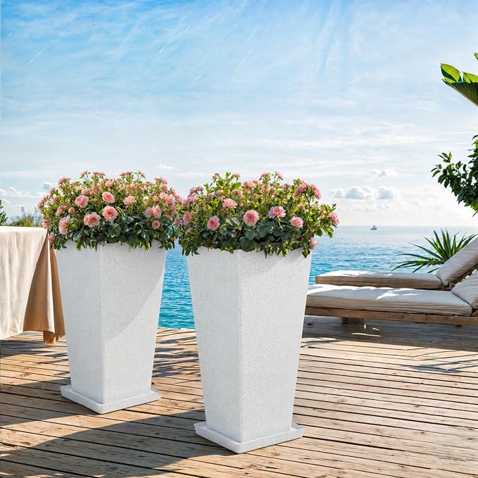 Autodaya 28" Tall Planters for Outdoor Plants, Extra-Large White Flower Pots for Blaconl, Porch, Living Room Corner, Garden, Patio, Deck Decor
