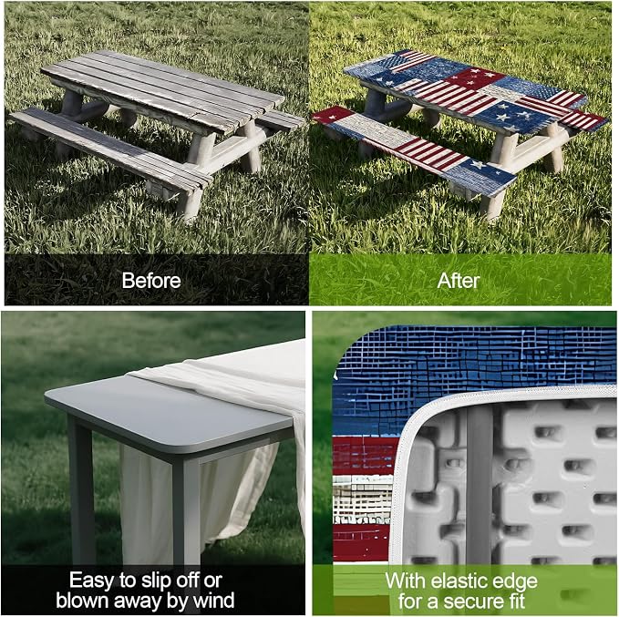 Patriotic Picnic Table Cover with Bench Covers Set of 3 - American Flag Patchwork Pattern, Elastic Fitted Tablecloth for 6 Ft Tables, Washable Polyester Cover for 4th of July, Camping & Outdoor