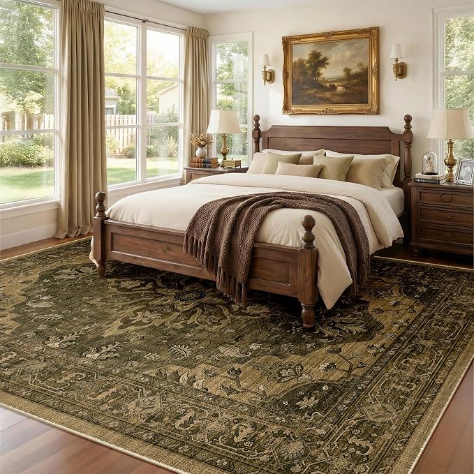 RELEANY Washable Area Rug, 7'x10', Brown/Dark Brown | Non-Slip, Water Repellent, Pet Friendly, Easy to Clean, Vintage Floral Boho Decor for Living Room Bedroom Dining Room Office