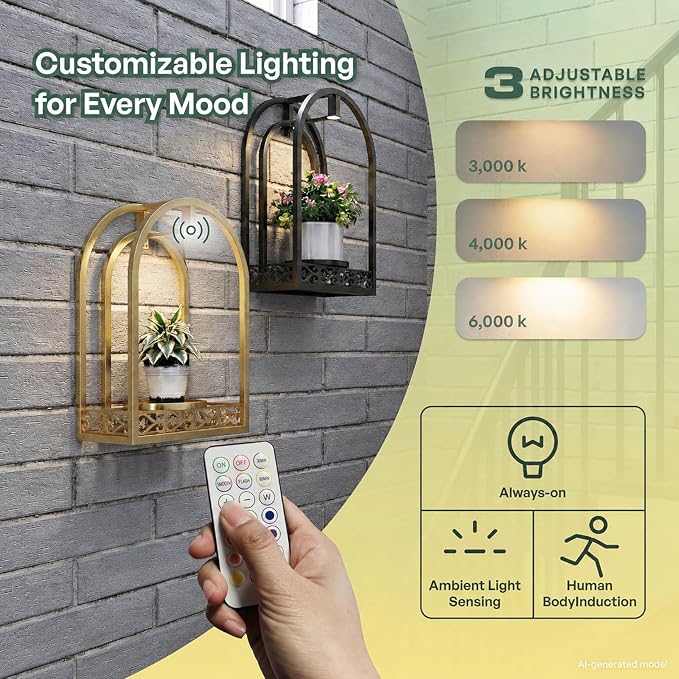 LED Grow Light Wall Hanging Planters with USB Power, Remote Control, Modern Decor for Indoor/Outdoor Plants, Living Room, Garden, Patio 2 Pack Black