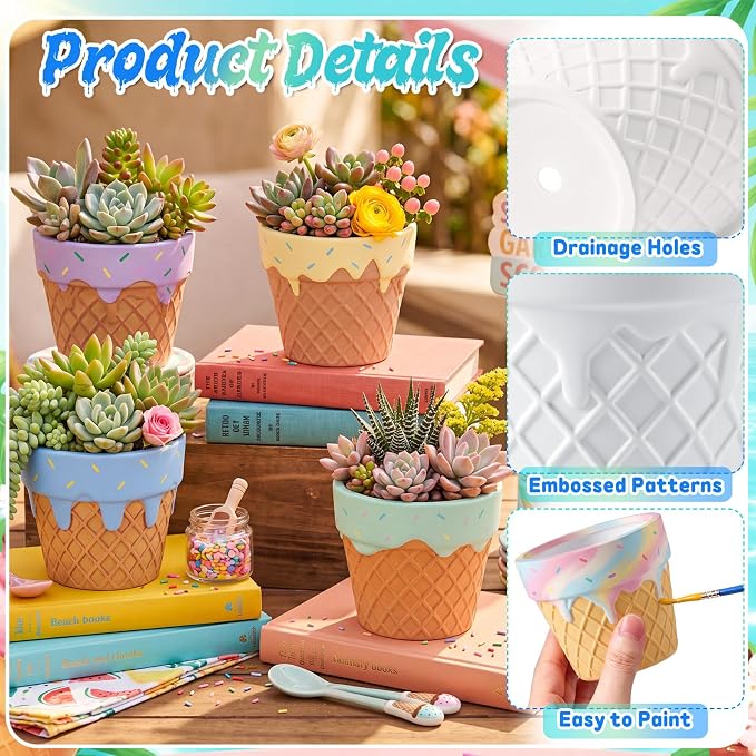Zubebe 12 Pcs Paint Your Own Ceramic Pots Bulk Unfinished Succulent Pots Craft Kit with Drainage Hole Mini Paintable Plant Vase Ready to Paint Planter for Cactus DIY Craft (Ice Cream)