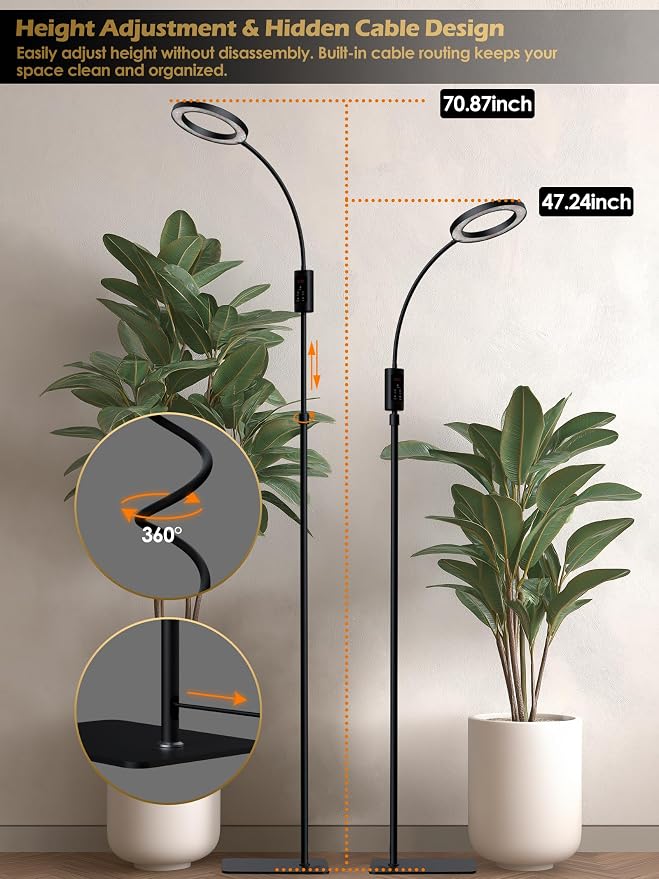 Smart Grow Lights for Indoor Plants, Plant Light with Auto-Timer, Full Spectrum LED Grow Light, Adjustable Height & Stepless Dimming,Plant Assistant Suitable for Most Plants (Black, Single Head)