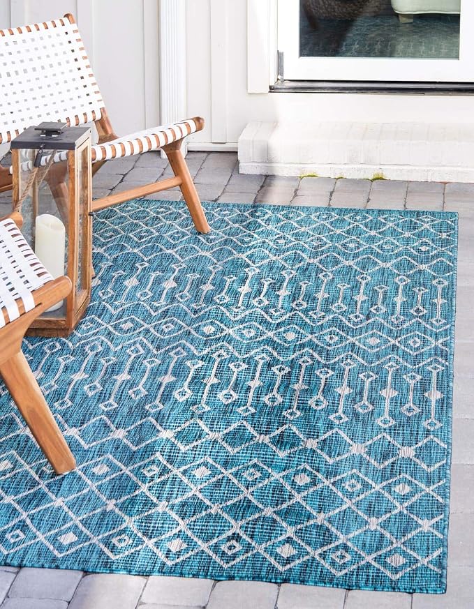 Unique Loom Outdoor Trellis Collection Area Rug - Tribal Trellis (5' 3" x 7' 1" Rectangle Teal/Ivory)