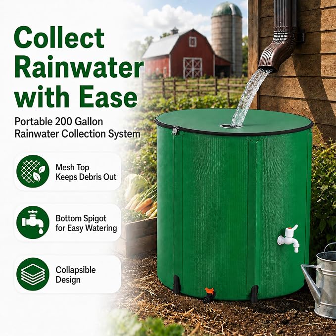 Collapsible Rain Barrel, 200 Gallon Portable Rainwater Collection System, Water Storage Tank, Rain Catcher Barrel with Spigots and Overflow Kit, Rain Water Barrel Collector for Garden, Green