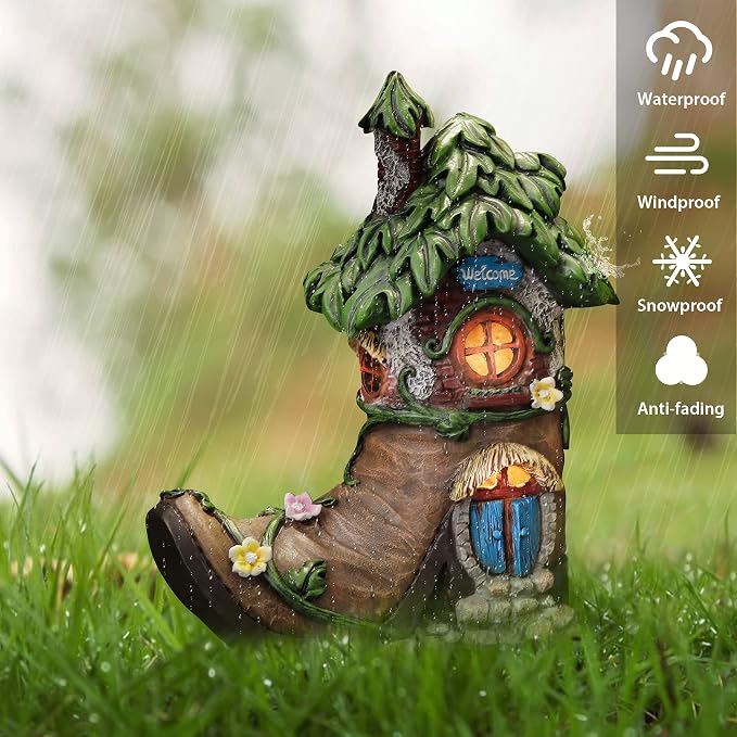 TERESA'S COLLECTIONS Boot Fairy House Garden Statues with Solar Outdoor Light, Resin Fairy Garden Accessories Outdoor Christmas Decorations Lawn Ornaments Yard Decor Thanksgiving Gifts for Mom, 8.5"