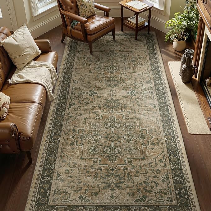 Moody 4x8 Area Rugs for Long Living Room, Washable Non Slip Wide Large Runner for Entryway Hallway 8ft, Retro Distressed Medallion Carpet Rugs for Bedroom/Kitchen/Dining Room, Multi Brown/Olive