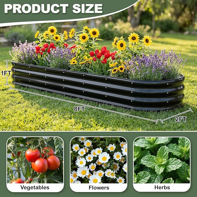 1MORE Galvanized Raised Garden Bed- Planter Garden Boxes Outdoor, Raised Beds for Gardening,Metal Garden Bed Kit for Vegetables Flower, Planter Raised Beds.8x2x1ft Grey-2pcs