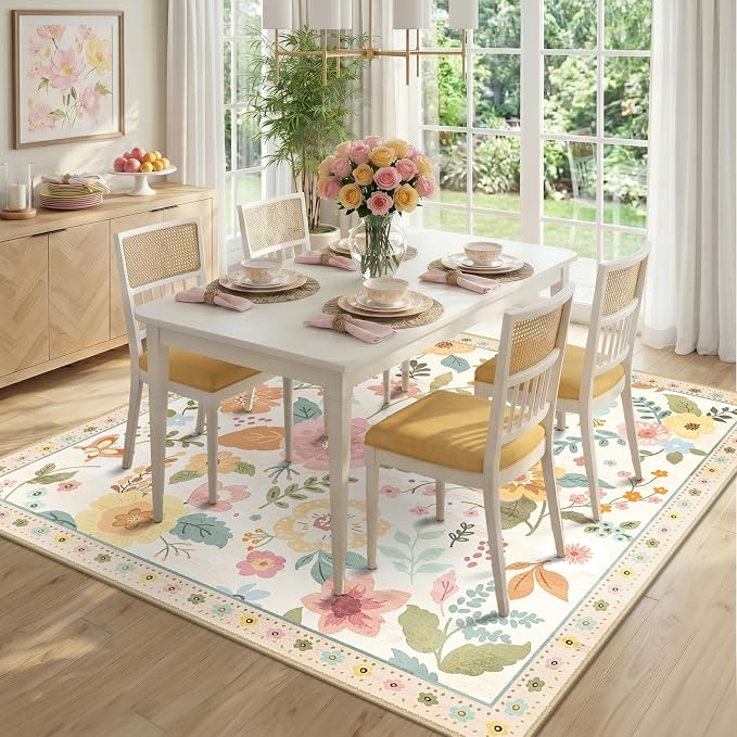RELEANY Floral Washable Square 5ft Area Rug Beige/White/Orange | Flower Carpet, Print, Boho, Non-Slip, Easy to Clean, Soft, Low Pile for Living Room Bedroom Kitchen Office Entryway Hallway