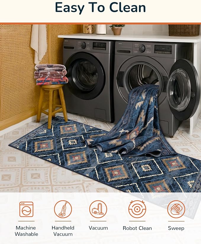 9'x12' Washable Area Rug for Living Room Bedroom Darkblue | Soft Western No Slip Low Pile Print Foldable Indoor for Kitchen Dining Room