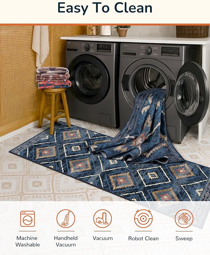 5'x7' Washable Area Rug for Living Room Bedroom Darkblue | Soft Western No Slip Low Pile Print Foldable Indoor for Kitchen Dining Room