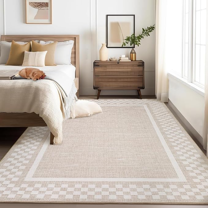 GarveeHome Washable Area Rug 4x6 Checkered Small Bedroom Living Room Rugs | Modern Bordered Soft Dining Room Throw Carpet Low Pile Non Slip Geometric Carpet for Nursery Kitchen Home Office, Beige