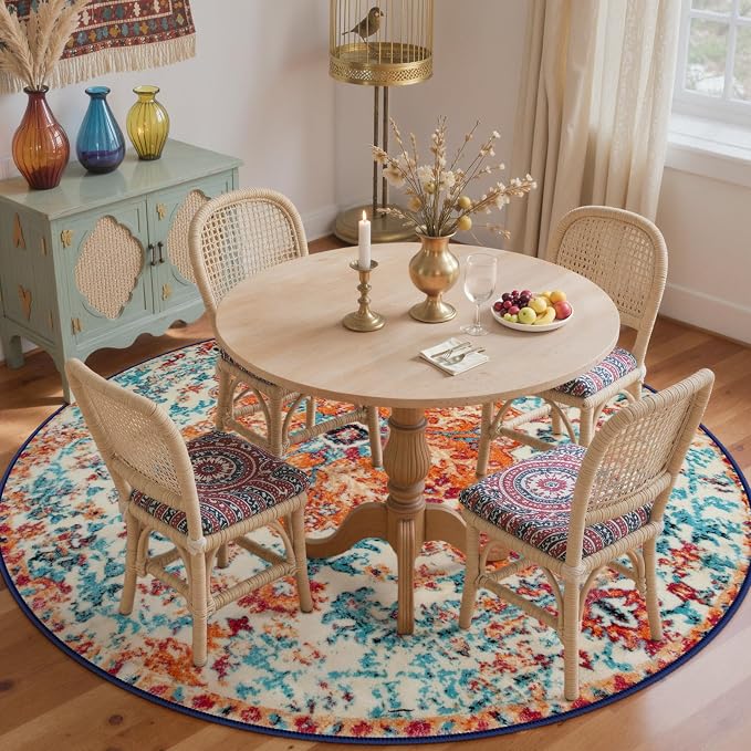 Lahome Reine Bohemian Floral Medallion Round Rug - 6Ft Soft Rug for Living Room Washable Rug for Dining Room, Vintage Faux Wool Non Slip Cute Table Throw Carpet for Coffee Table Nursery Guest Room