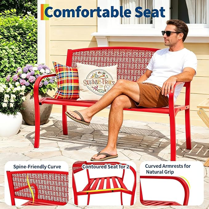 50" Outdoor Metal Garden Bench, Patio Steel Bench with Curved Backrest, Decorative Pattern, Weather-Resistant Porch Bench for Yard, Park, Deck, Backyard