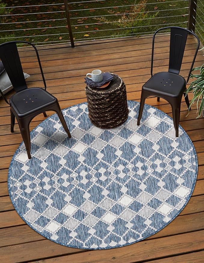 Unique Loom Outdoor Trellis Collection Area Rug - Traliccio (10' Round, Blue/ Ivory)