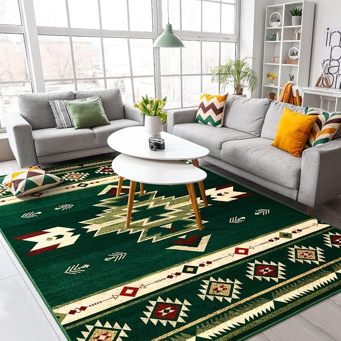 BENRON Western Rugs for Living Room Bedroom 5x7, Non Slip Area Rugs, Green | Southwest aztec Rustic Rugs for Dining Table Kitchen Home Decor, Washable