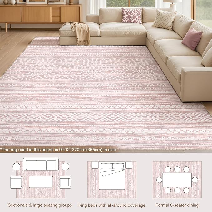 Tortania Area Rug Living Room Rugs- 9x12 Washable Large Soft Neutral Boho Moroccan Bohemian Farmhouse Rug Indoor Floor Carpet for Bedroom Under Dining Table Home Office Decor - Pink