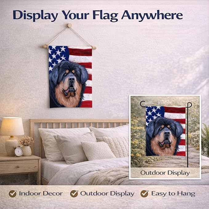 Caroline's Treasures CK6739GF Tibetan Mastiff American Flag Garden Flag Mailbox Flag Decorative Yard Flag Banner Outside Patio Artwork Yard Flower Beds, Garden Size, Multicolor